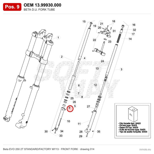 BETA D.U. FORK TUBE – OEM 13.99930.000, position 9 on the Beta EVO 250 2T STANDARD/FACTORY MY13 front fork drawing