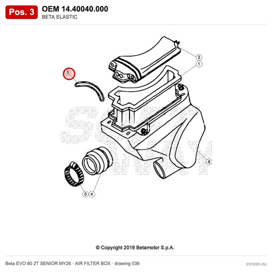 BETA ELASTIC – OEM 14.40040.000, position 3 on the Beta EVO 80 2T SENIOR MY26 air filter box drawing