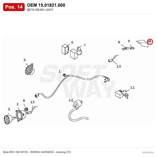 BETA REAR LIGHT – OEM 15.01821.000, position 14 on the Beta REV 250 MY05 wiring harness drawing