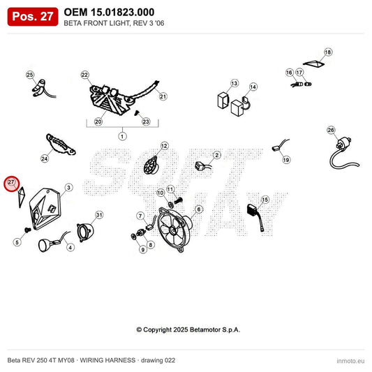 BETA FRONT LIGHT, REV 3 '06 – OEM 15.01823.000, position 27 on the Beta REV 250 4T MY08 wiring harness drawing