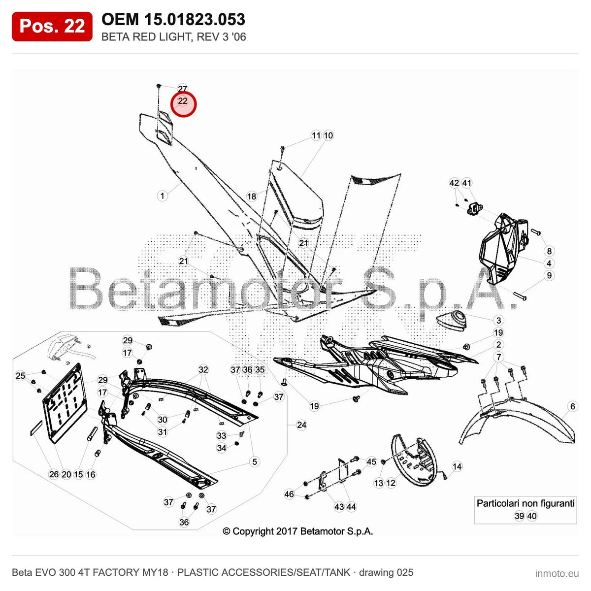BETA RED LIGHT, REV 3 '06 – OEM 15.01823.053, position 22 on the Beta EVO 300 4T FACTORY MY18 plastic accessories/seat/tank drawing