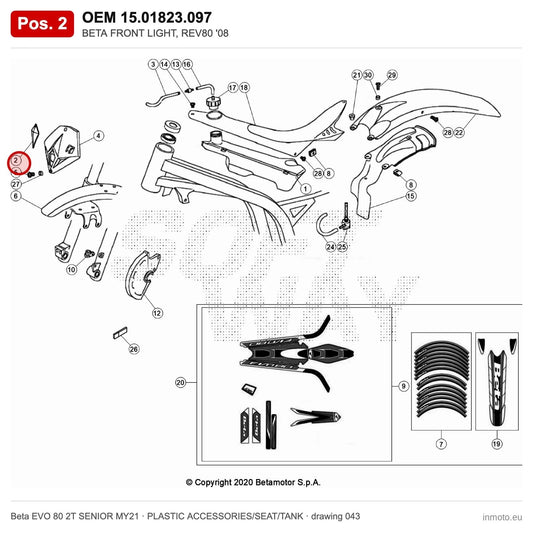 BETA FRONT LIGHT, REV80 '08 – OEM 15.01823.097, position 2 on the Beta EVO 80 2T SENIOR MY21 plastic accessories/seat/tank drawing