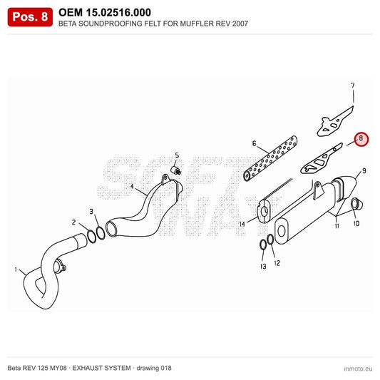 BETA SOUNDPROOFING FELT FOR MUFFLER REV 2007 – OEM 15.02516.000, position 8 on the Beta REV 125 MY08 exhaust system drawing