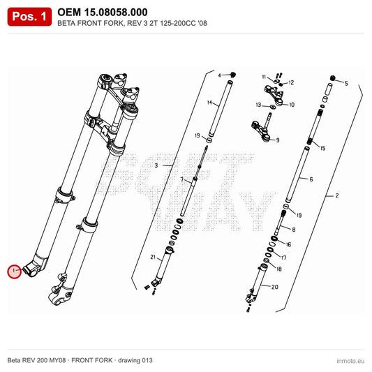 BETA FRONT FORK, REV 3 2T 125-200CC '08 – OEM 15.08058.000, position 1 on the Beta REV 200 MY08 front fork drawing