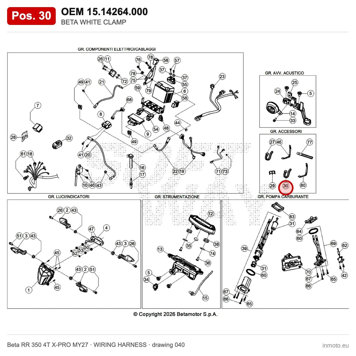 BETA WHITE CLAMP – OEM 15.14264.000, position 30 on the Beta RR 350 4T X-PRO MY27 wiring harness drawing