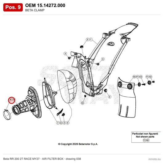 BETA CLAMP – OEM 15.14272.000, position 9 on the Beta RR 200 2T RACE MY27 air filter box drawing