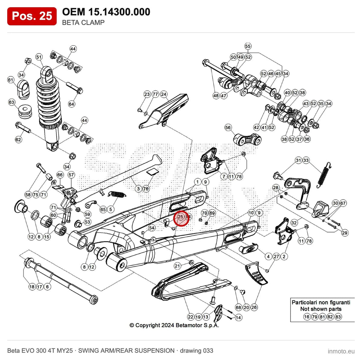 BETA CLAMP – OEM 15.14300.000, position 25 on the Beta EVO 300 4T MY25 swing arm/rear suspension drawing