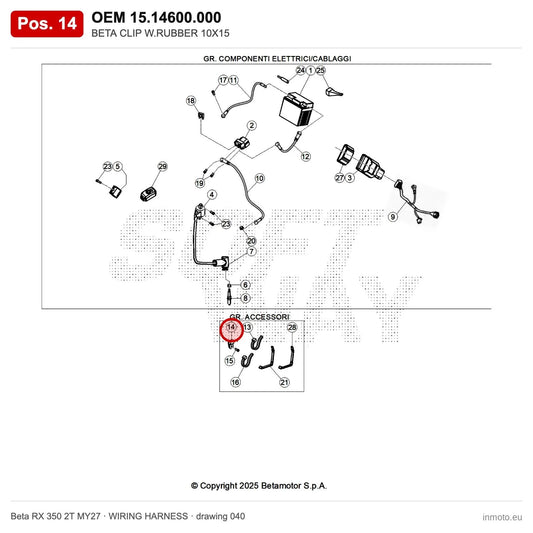 BETA CLIP W.RUBBER 10X15 – OEM 15.14600.000, position 14 on the Beta RX 350 2T MY27 wiring harness drawing