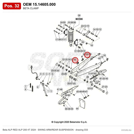 BETA CLAMP – OEM 15.14605.000, position 32 on the Beta ALP RED ALP 200 4T 2024 swing arm/rear suspension drawing