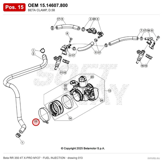BETA CLAMP, D.58 – OEM 15.14607.800, position 15 on the Beta RR 350 4T X-PRO MY27 fuel injection drawing