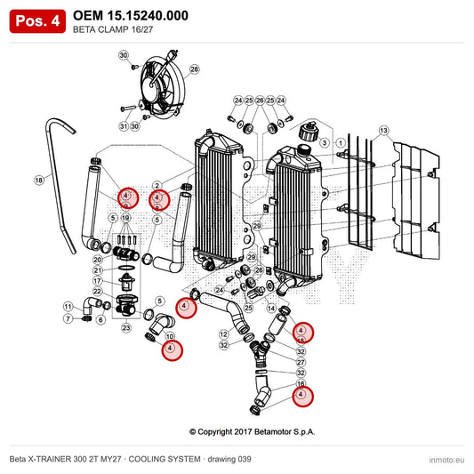 BETA CLAMP 16/27 – OEM 15.15240.000, position 4 on the Beta X-TRAINER 300 2T MY27 cooling system drawing