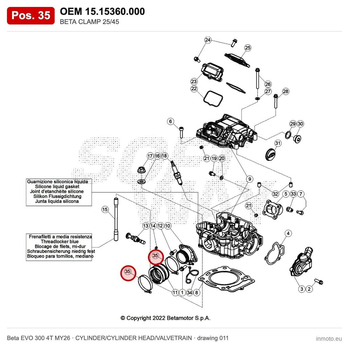 BETA CLAMP 25/45 – OEM 15.15360.000, position 35 on the Beta EVO 300 4T MY26 cylinder/cylinder head/valvetrain drawing