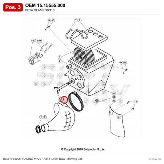 BETA CLAMP 90/110 – OEM 15.15555.000, position 3 on the Beta RR 50 2T RACING MY20 air filter box drawing