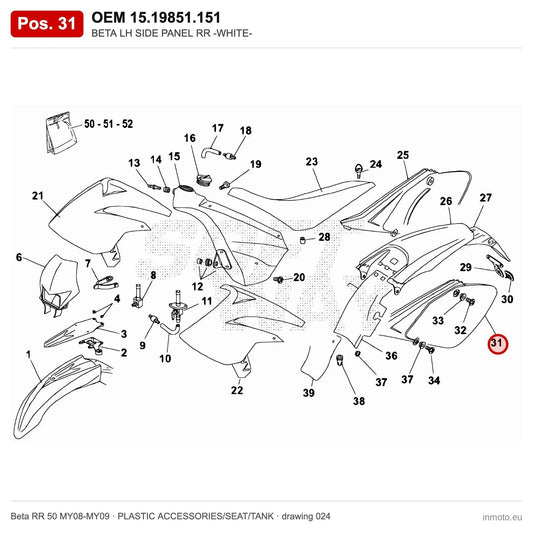 BETA LH SIDE PANEL RR -WHITE- – OEM 15.19851.151, position 31 on the Beta RR 50 MY08-MY09 plastic accessories/seat/tank drawing