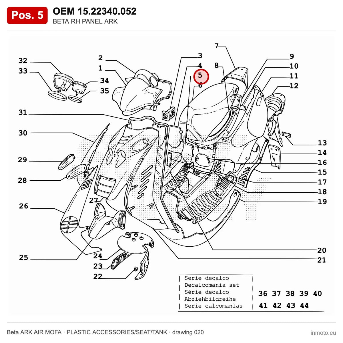 BETA RH PANEL ARK – OEM 15.22340.052, position 5 on the Beta ARK AIR MOFA plastic accessories/seat/tank drawing