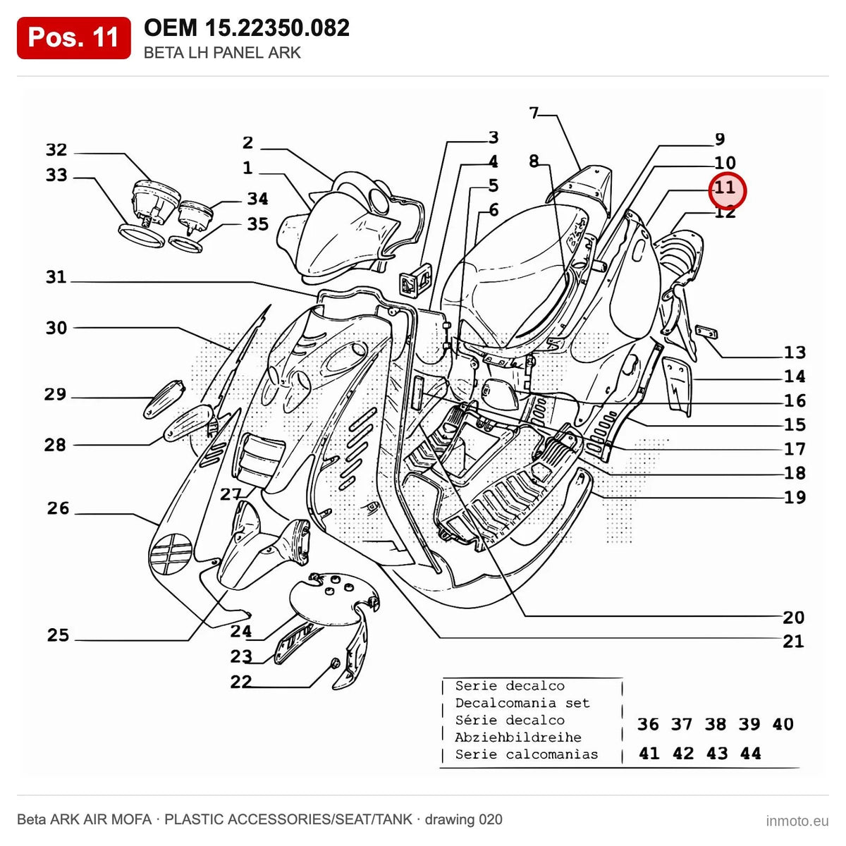 BETA LH PANEL ARK – OEM 15.22350.082, position 11 on the Beta ARK AIR MOFA plastic accessories/seat/tank drawing