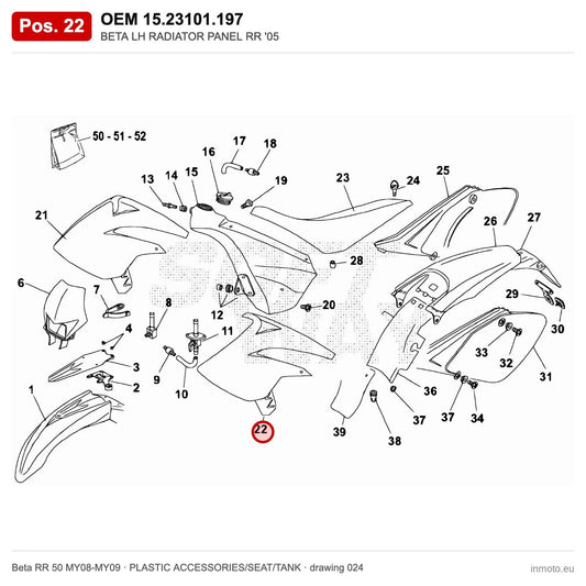 BETA LH RADIATOR PANEL RR '05 – OEM 15.23101.197, position 22 on the Beta RR 50 MY08-MY09 plastic accessories/seat/tank drawing
