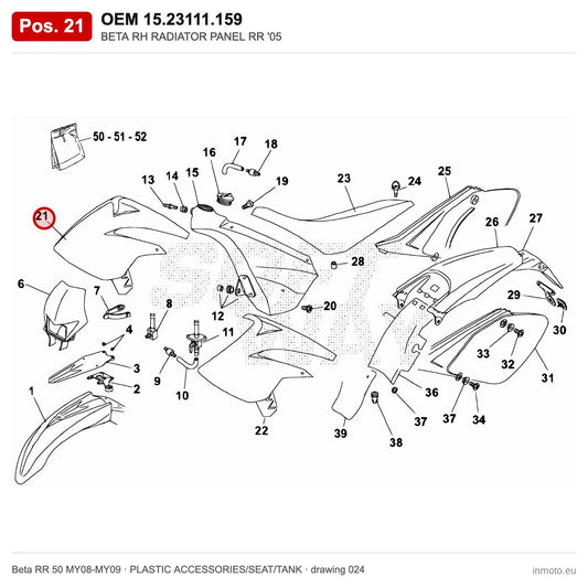 BETA RH RADIATOR PANEL RR '05 – OEM 15.23111.159, position 21 on the Beta RR 50 MY08-MY09 plastic accessories/seat/tank drawing
