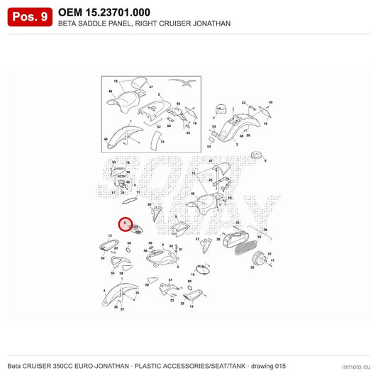 BETA SADDLE PANEL, RIGHT CRUISER JONATHAN – OEM 15.23701.000, position 9 on the Beta CRUISER 350CC EURO-JONATHAN plastic accessories/seat/tank drawing