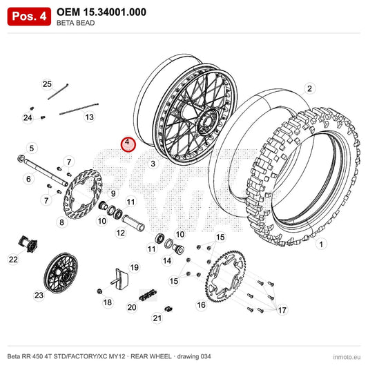 BETA BEAD – OEM 15.34001.000, position 4 on the Beta RR 450 4T STD/FACTORY/XC MY12 rear wheel drawing