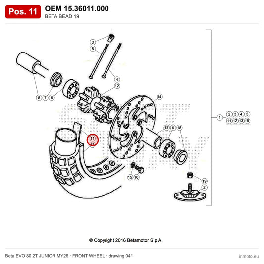BETA BEAD 19 – OEM 15.36011.000, position 11 on the Beta EVO 80 2T JUNIOR MY26 front wheel drawing