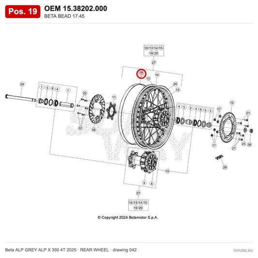 BETA BEAD 17.45 – OEM 15.38202.000, position 19 on the Beta ALP GREY ALP X 350 4T 2025 rear wheel drawing