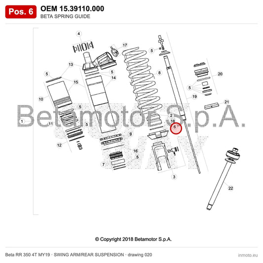 BETA SPRING GUIDE – OEM 15.39110.000, position 6 on the Beta RR 350 4T MY19 swing arm/rear suspension drawing