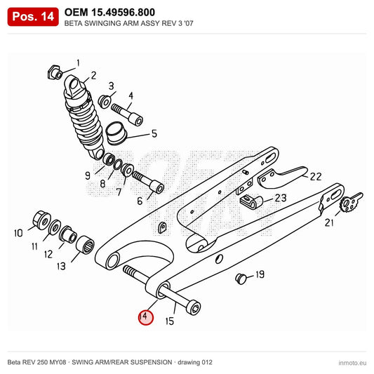 BETA SWINGING ARM ASSY REV 3 '07 – OEM 15.49596.800, position 14 on the Beta REV 250 MY08 swing arm/rear suspension drawing