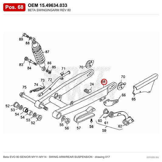 BETA SWINGINGARM REV 80 – OEM 15.49634.033, position 68 on the Beta EVO 80 SENIOR MY11-MY14 swing arm/rear suspension drawing