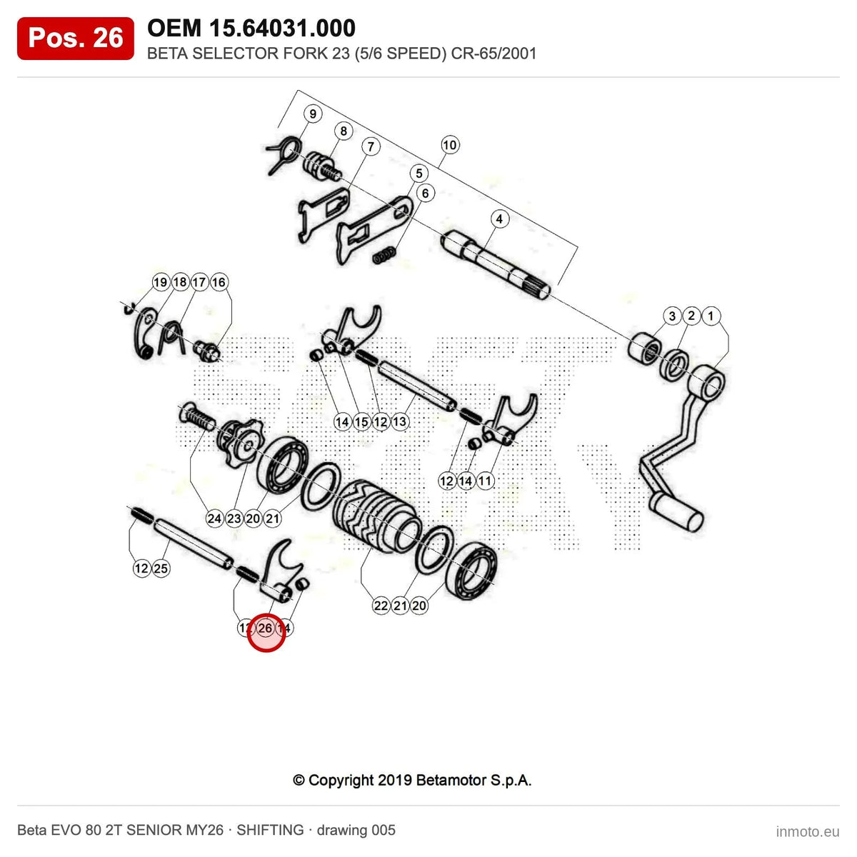 BETA SELECTOR FORK 23 (5/6 SPEED) CR-65/2001 – OEM 15.64031.000, position 26 on the Beta EVO 80 2T SENIOR MY26 shifting drawing
