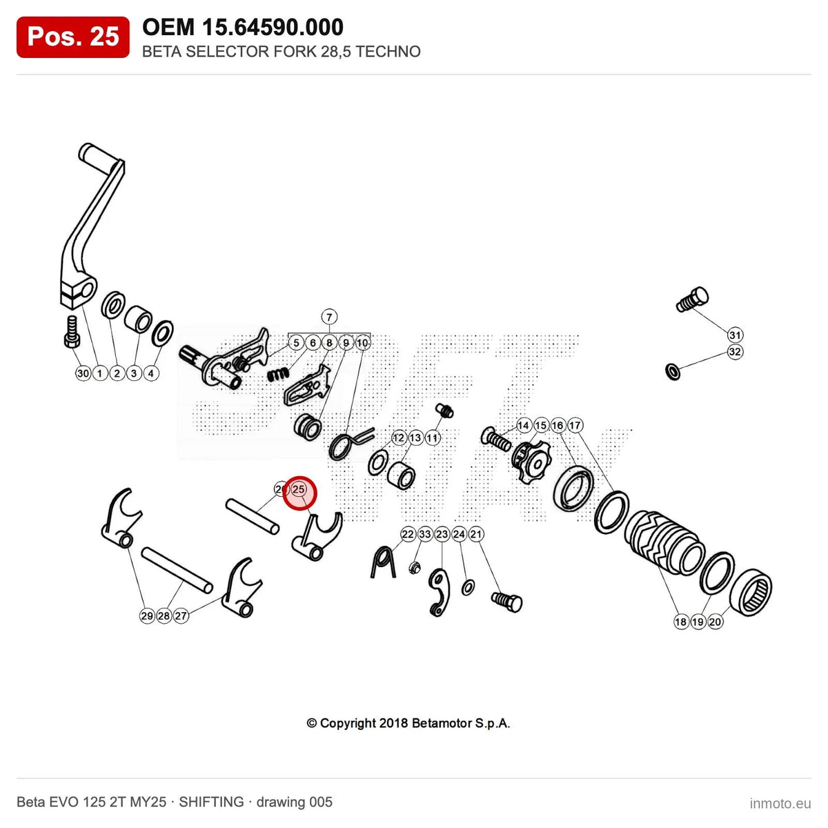 BETA SELECTOR FORK 28,5 TECHNO – OEM 15.64590.000, position 25 on the Beta EVO 125 2T MY25 shifting drawing
