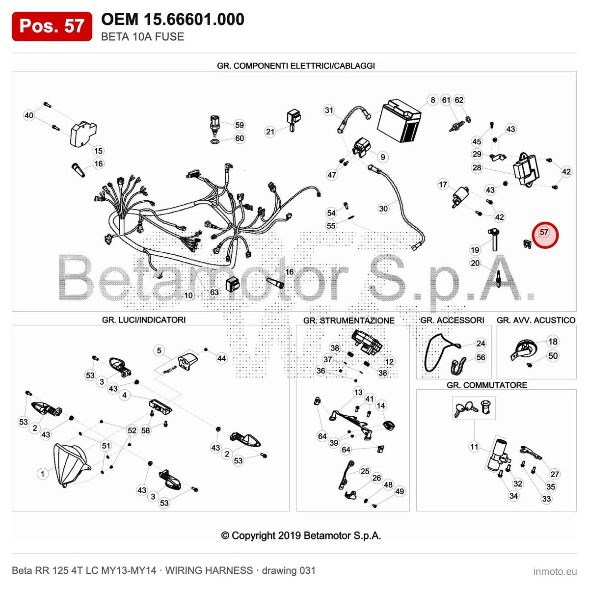 BETA 10A FUSE – OEM 15.66601.000, position 57 on the Beta RR 125 4T LC MY13-MY14 wiring harness drawing