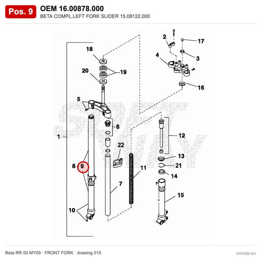 BETA COMPL.LEFT FORK SLIDER 15.08122.000 – OEM 16.00878.000, position 9 on the Beta RR 50 MY09 front fork drawing