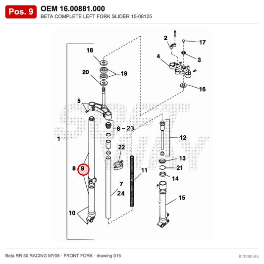 BETA COMPLETE LEFT FORK SLIDER 15-08125 – OEM 16.00881.000, position 9 on the Beta RR 50 RACING MY08 front fork drawing