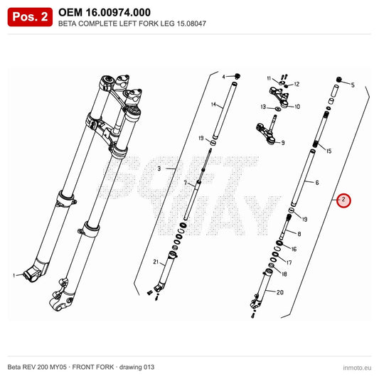 BETA COMPLETE LEFT FORK LEG 15.08047 – OEM 16.00974.000, position 2 on the Beta REV 200 MY05 front fork drawing