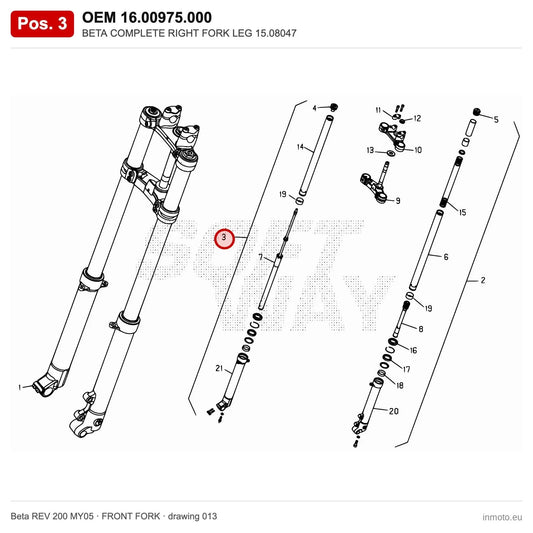BETA COMPLETE RIGHT FORK LEG 15.08047 – OEM 16.00975.000, position 3 on the Beta REV 200 MY05 front fork drawing