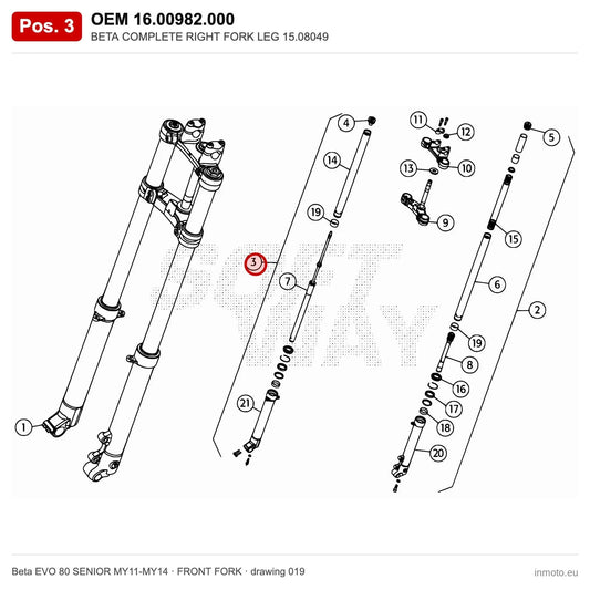 BETA COMPLETE RIGHT FORK LEG 15.08049 – OEM 16.00982.000, position 3 on the Beta EVO 80 SENIOR MY11-MY14 front fork drawing