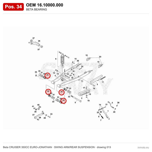 BETA BEARING – OEM 16.10000.000, position 34 on the Beta CRUISER 350CC EURO-JONATHAN swing arm/rear suspension drawing