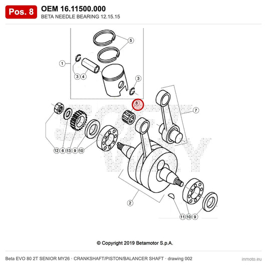 BETA NEEDLE BEARING 12.15.15 – OEM 16.11500.000, position 8 on the Beta EVO 80 2T SENIOR MY26 crankshaft/piston/balancer shaft drawing