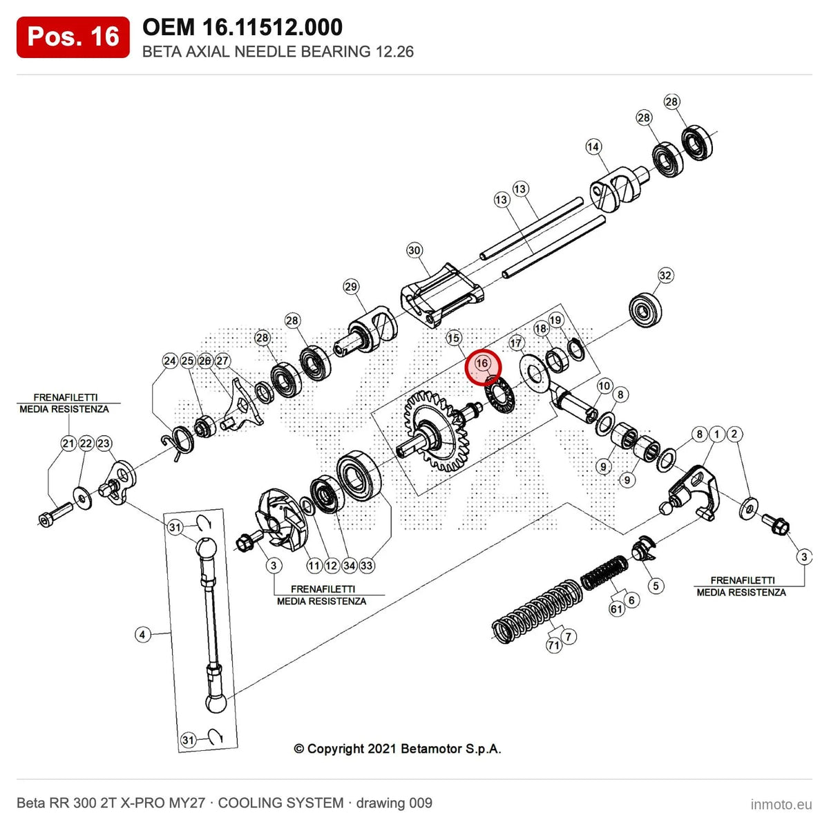 BETA AXIAL NEEDLE BEARING 12.26 – OEM 16.11512.000, position 16 on the Beta RR 300 2T X-PRO MY27 cooling system drawing