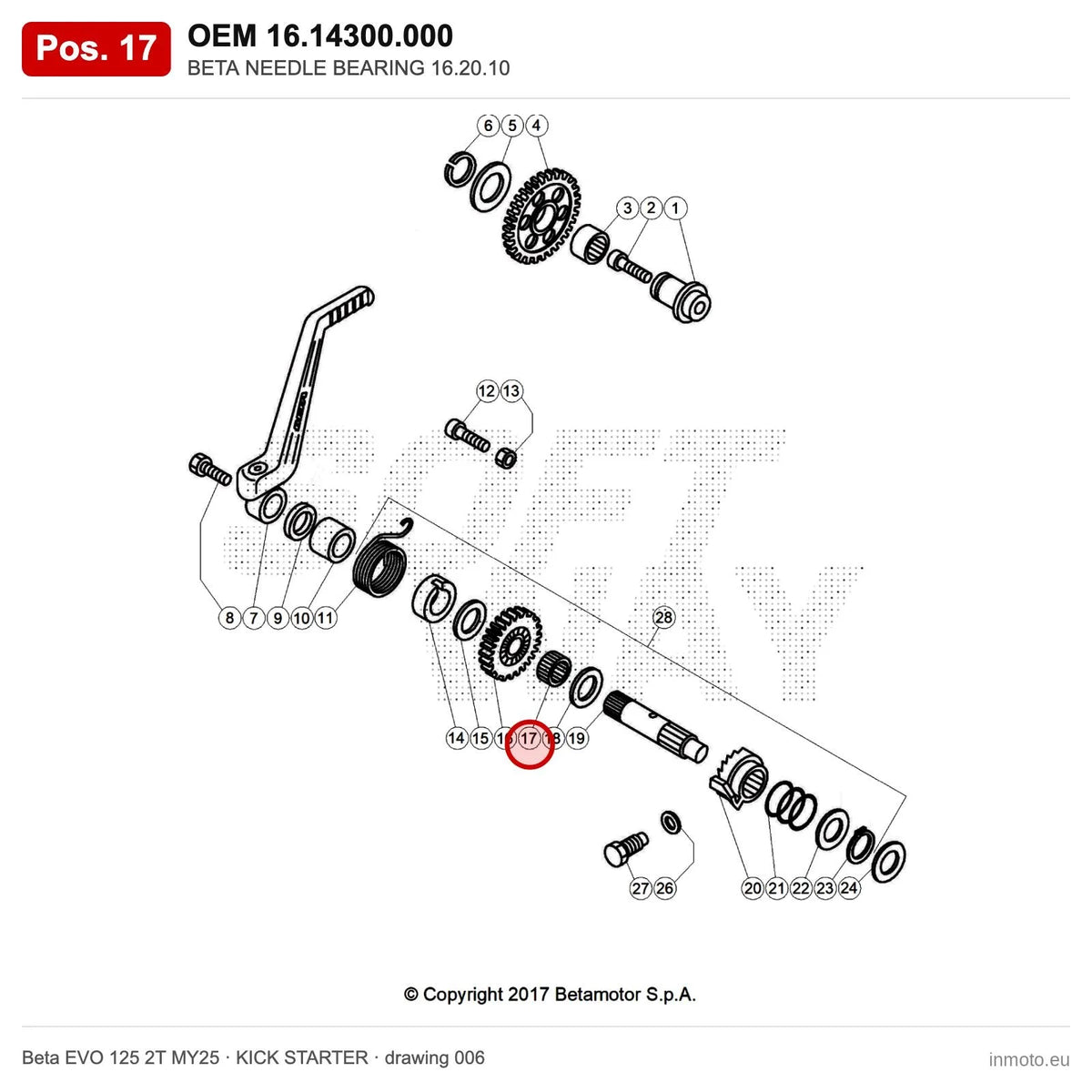 BETA NEEDLE BEARING 16.20.10 – OEM 16.14300.000, position 17 on the Beta EVO 125 2T MY25 kick starter drawing