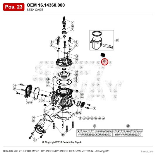 BETA CAGE – OEM 16.14360.000, position 23 on the Beta RR 200 2T X-PRO MY27 cylinder/cylinder head/valvetrain drawing