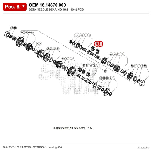 BETA NEEDLE BEARING 16.21.10 -2 PCS – OEM 16.14870.000, positions 6,7 on the Beta EVO 125 2T MY25 gearbox drawing