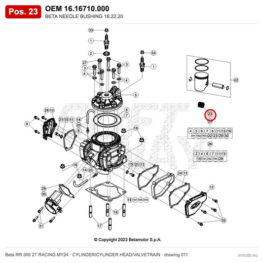 BETA NEEDLE BUSHING 18.22.20 – OEM 16.16710.000, position 23 on the Beta RR 300 2T RACING MY24 cylinder/cylinder head/valvetrain drawing