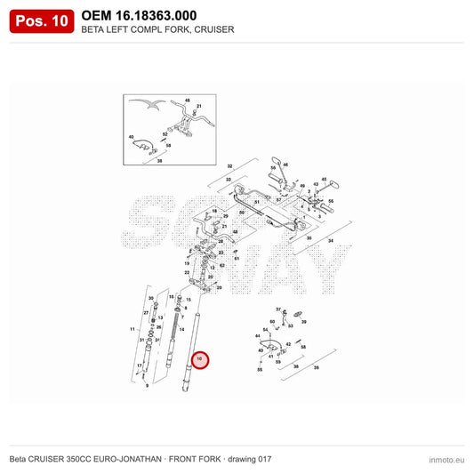 BETA LEFT COMPL FORK, CRUISER – OEM 16.18363.000, position 10 on the Beta CRUISER 350CC EURO-JONATHAN front fork drawing
