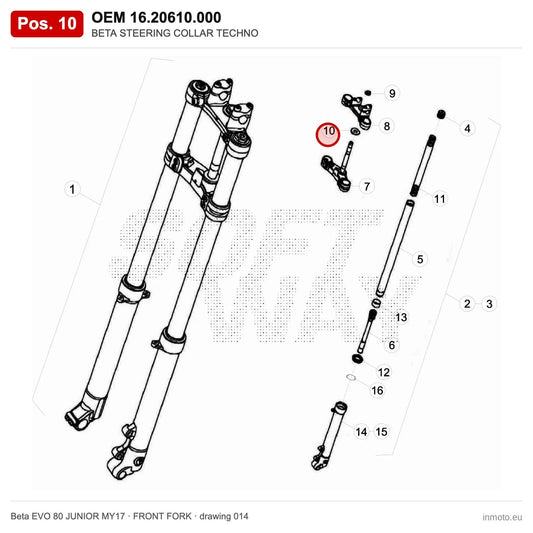 BETA STEERING COLLAR TECHNO – OEM 16.20610.000, position 10 on the Beta EVO 80 JUNIOR MY17 front fork drawing