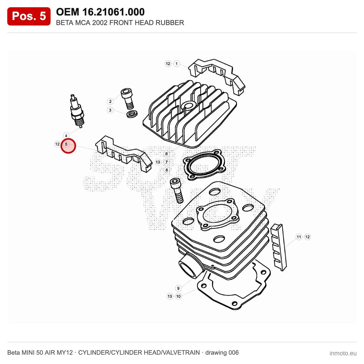 BETA MCA 2002 FRONT HEAD RUBBER – OEM 16.21061.000, position 5 on the Beta MINI 50 AIR MY12 cylinder/cylinder head/valvetrain drawing