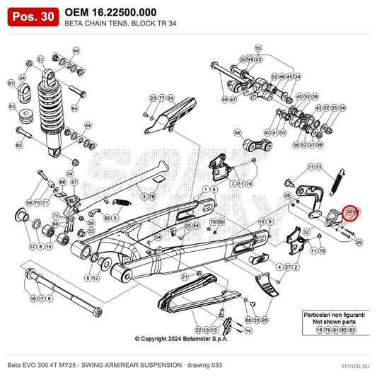 BETA CHAIN TENS. BLOCK TR 34 – OEM 16.22500.000, position 30 on the Beta EVO 300 4T MY25 swing arm/rear suspension drawing