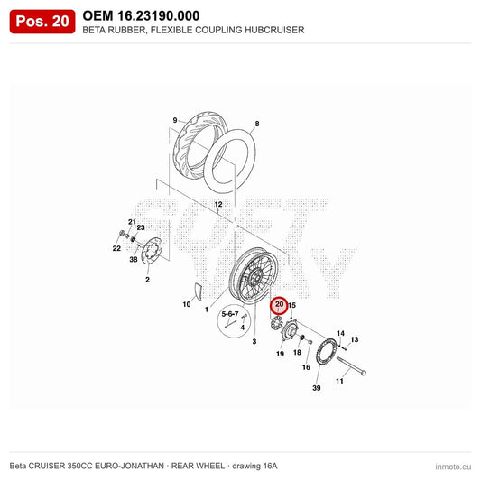 BETA RUBBER, FLEXIBLE COUPLING HUBCRUISER – OEM 16.23190.000, position 20 on the Beta CRUISER 350CC EURO-JONATHAN rear wheel drawing