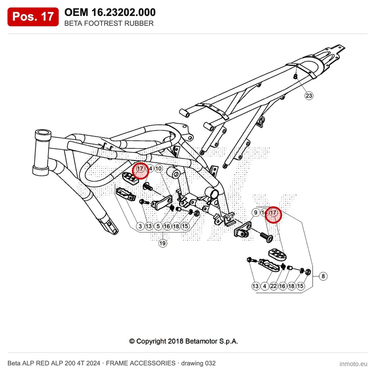 BETA FOOTREST RUBBER – OEM 16.23202.000, position 17 on the Beta ALP RED ALP 200 4T 2024 frame accessories drawing
